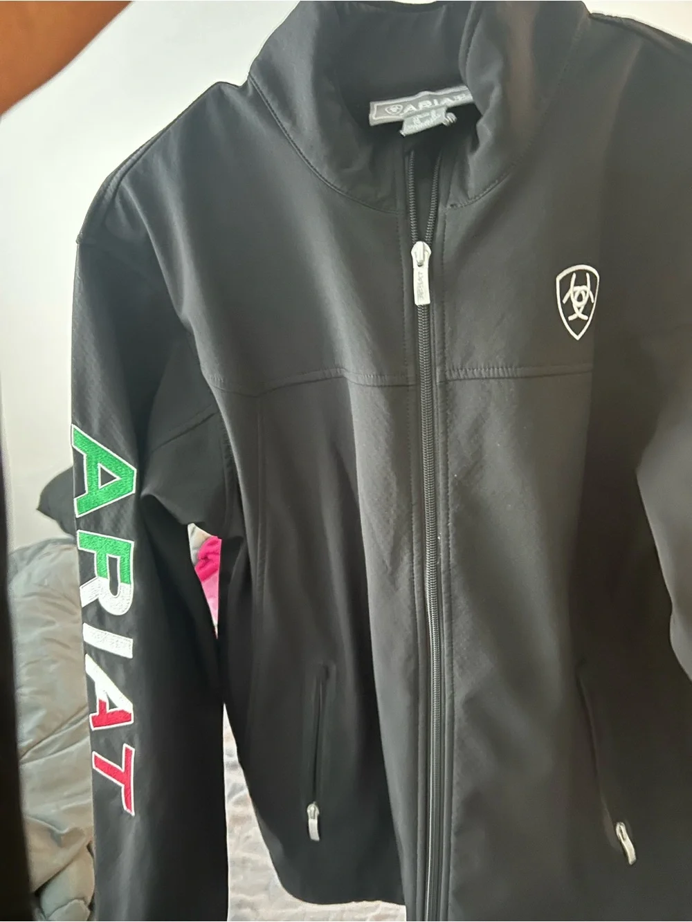 Ariat Black Softshell Jacket with Green & Red Logo Sleeve